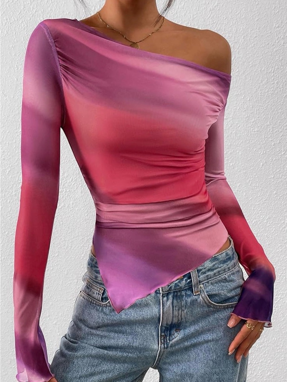Women's Off-Shoulder Gradient Pink Purple Long Sleeve Top